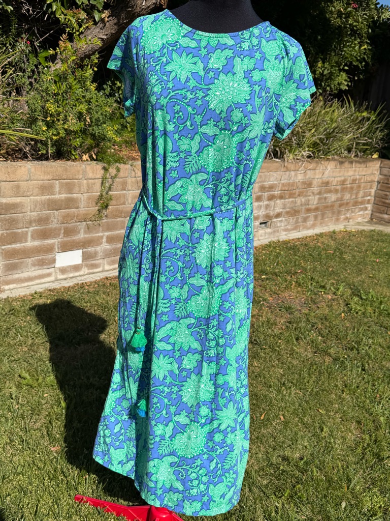 J. Jill Blue And Green Floral Midi Dress With Tie Waist